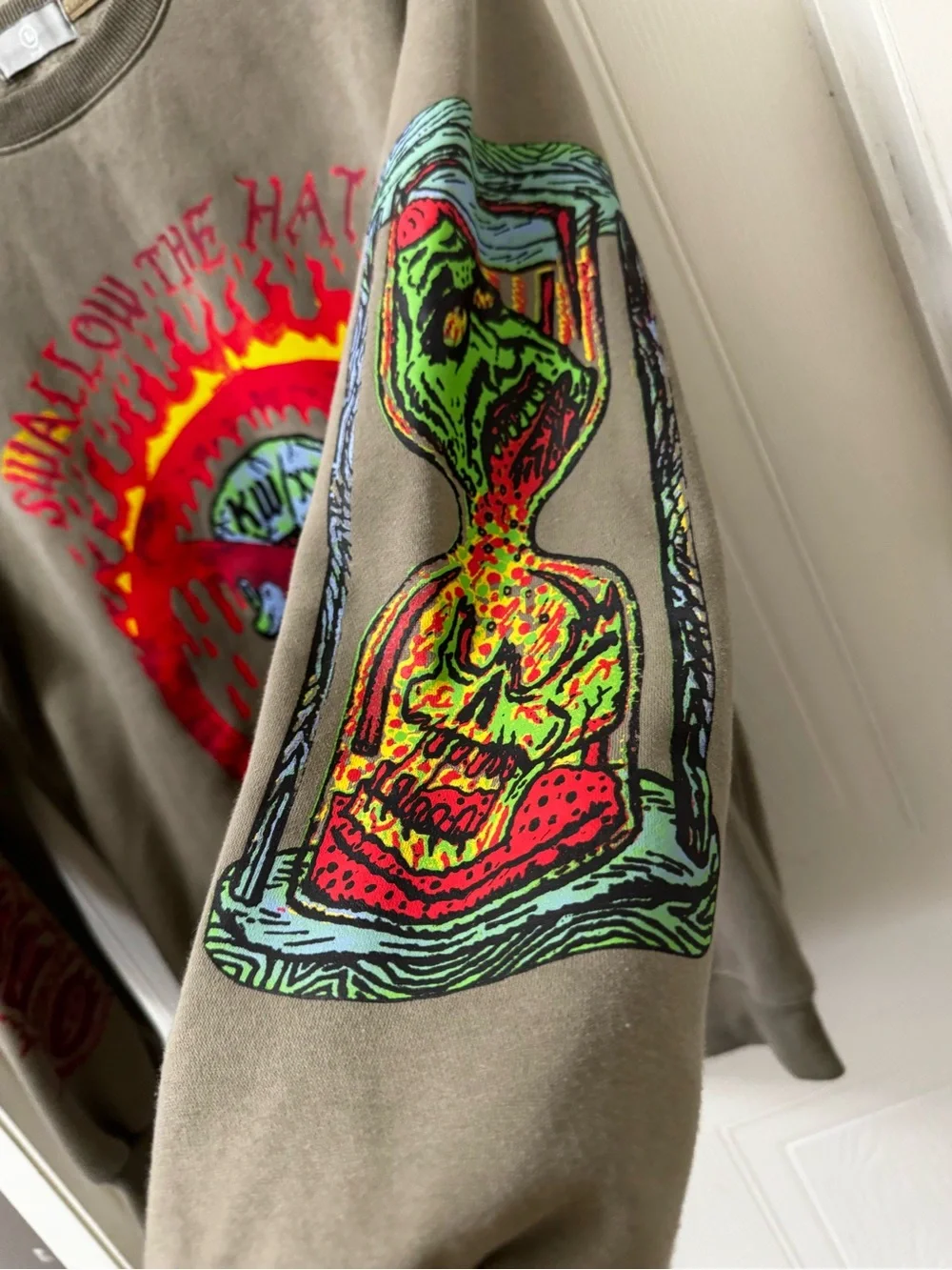 NBA Olive Crewneck Sweatshirt with Red, Yellow & Green Skull Graphic